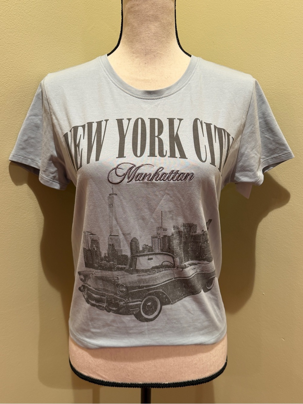 Lucky 777 NYC Manhattan Graphic Baby Tee Light Blue Crop Top XL EUC